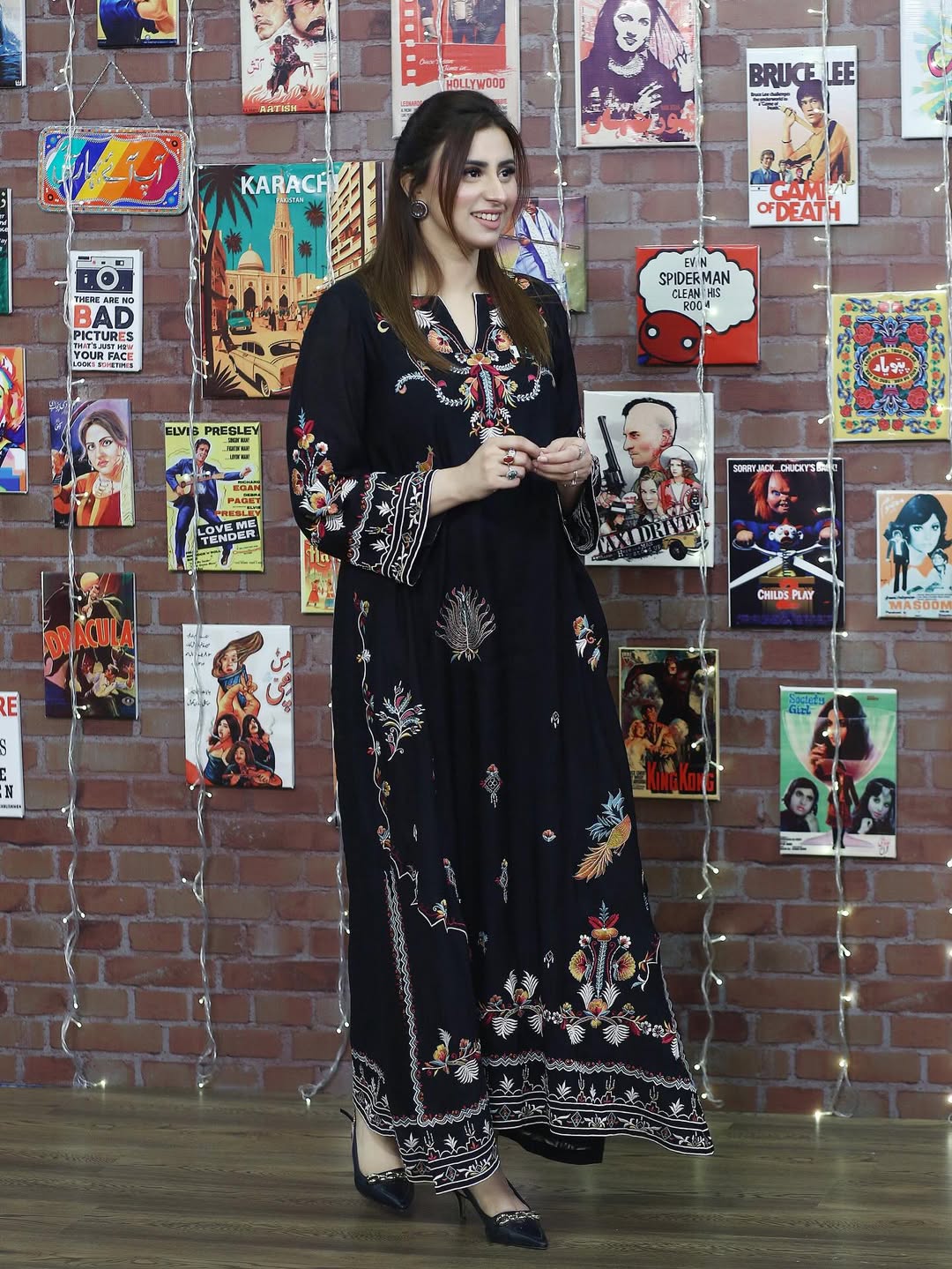 Multi Black Embroidered Cotton 2-piece shirt and trouser set on a hanger